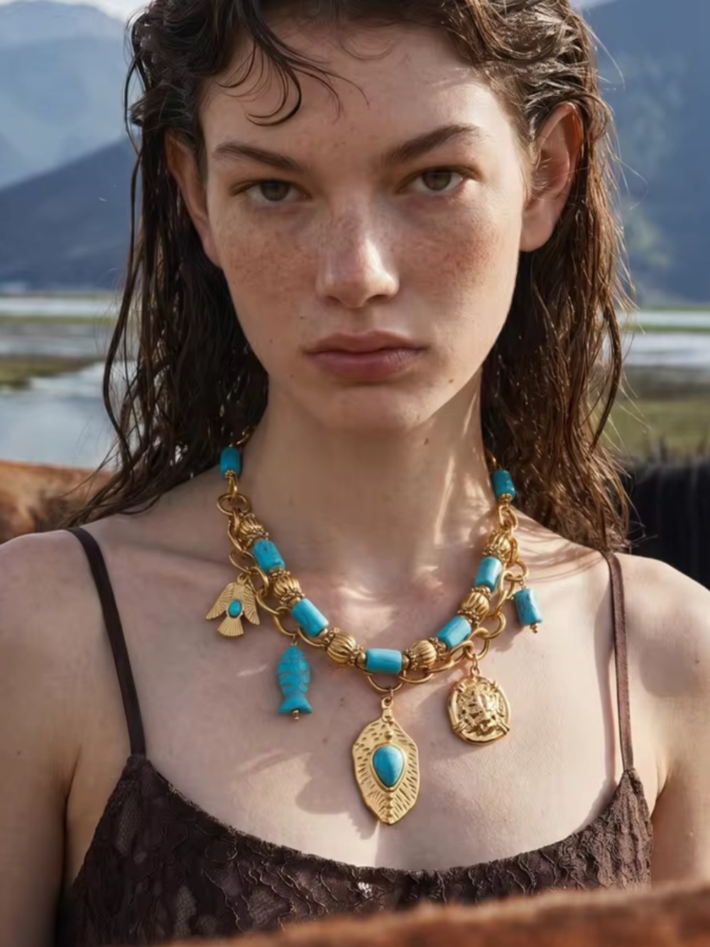 Modern Turquoise Charms Gold Necklace